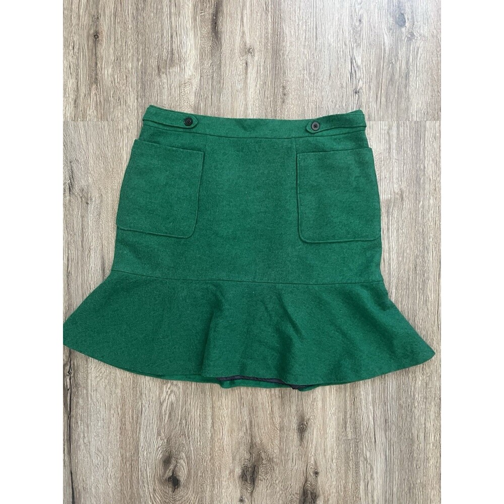 Anthropologie Maeve Green Ruffle Wool Skirt Size 10